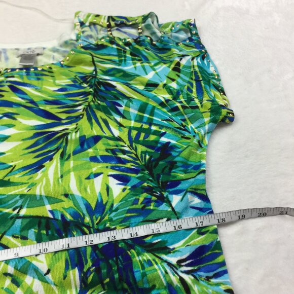 Cache Knit Top Sweater Sz XS Womans Green Blue Floral Knit Studded Short Sleeve - Picture 9 of 13